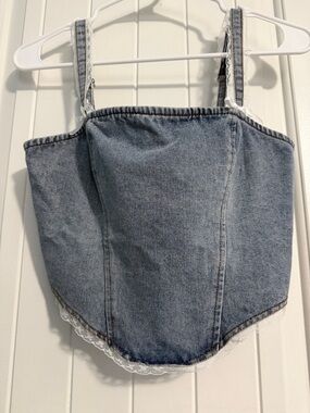 Denim Corset Crop Top with Lace Trim - Blue